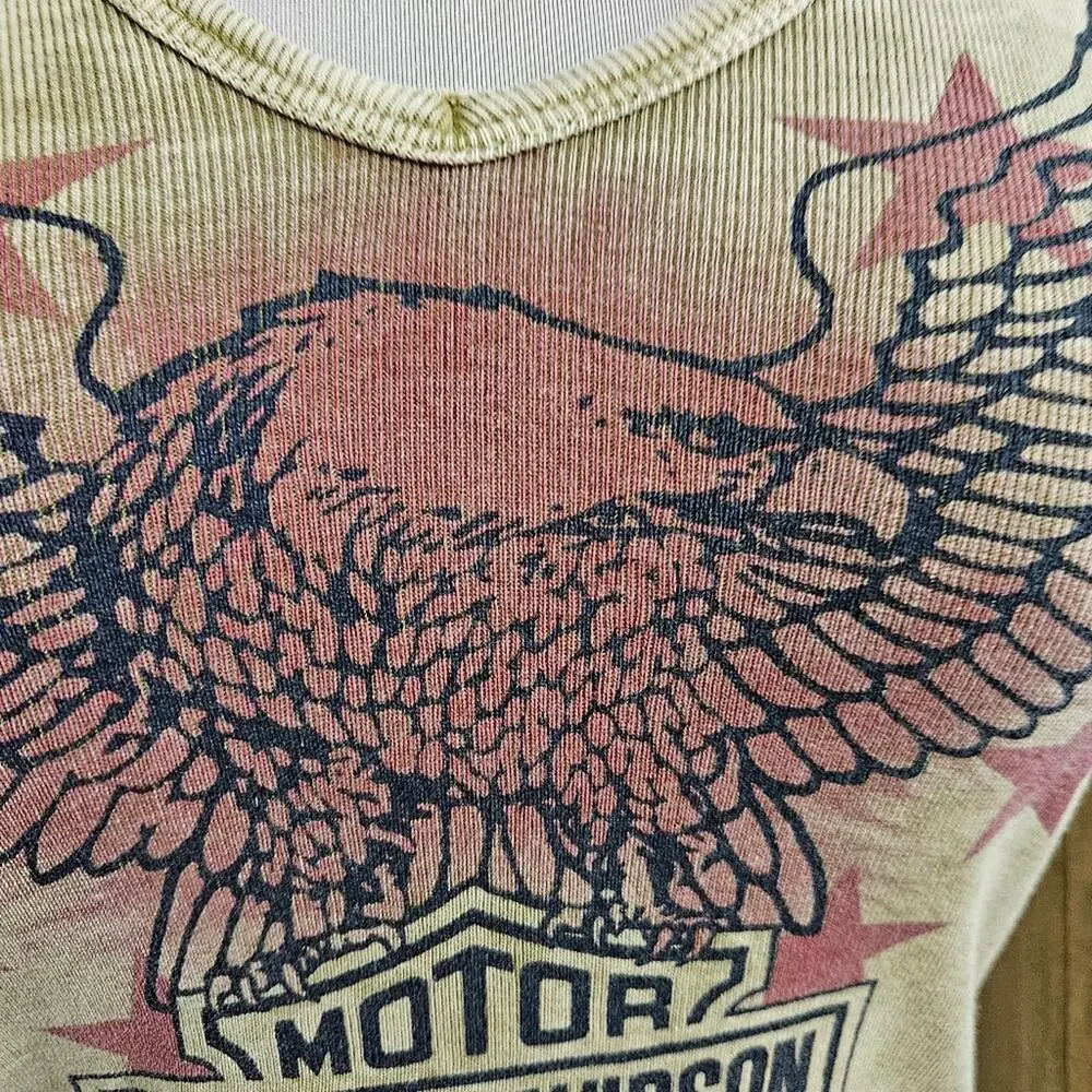 Harley-Davidson Long Sleeve V Neck Top Medium Eagle‎ Graphic Bikercore Acid Wash